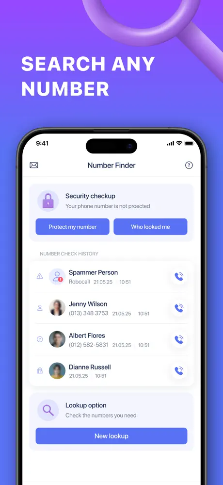 Number Finder App - Caller ID Screen